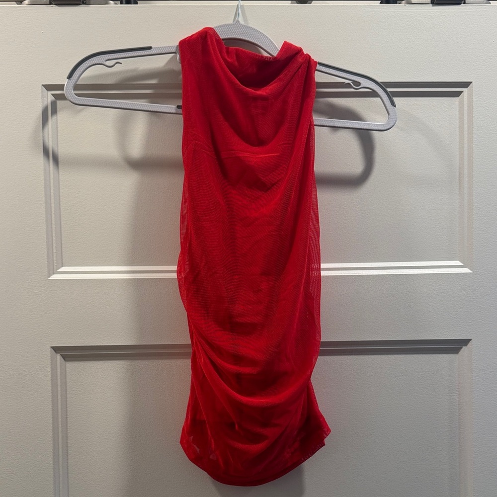 Princess Polly Red Mesh Sleeveless Ruched Top